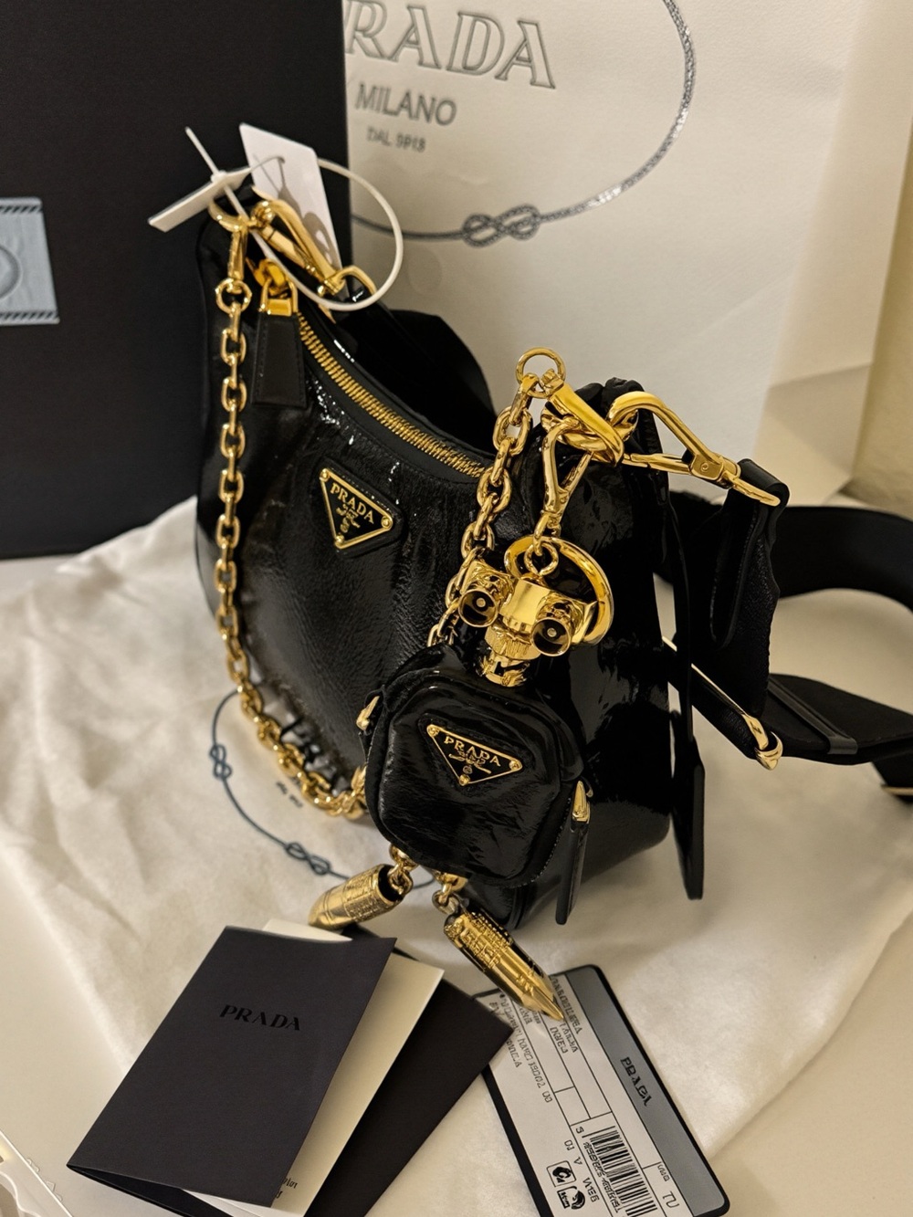 Prada Black Patent Leather Shoulder Bag with Gold Chain Strap - Picture 2 of 7
